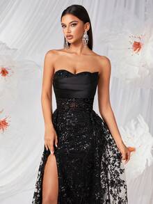 Elisanya Robe dos nu avec col ras-du-cou, broderie perlée, fente haute et détails de liens, convient pour les fêtes, les banquets et les occasions formelles