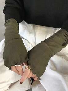 Livesso 女士圆领插肩拼接撞色拼接透明面料长袖宽松休闲套头衫，适合秋季 - 黑色 - 查看 5