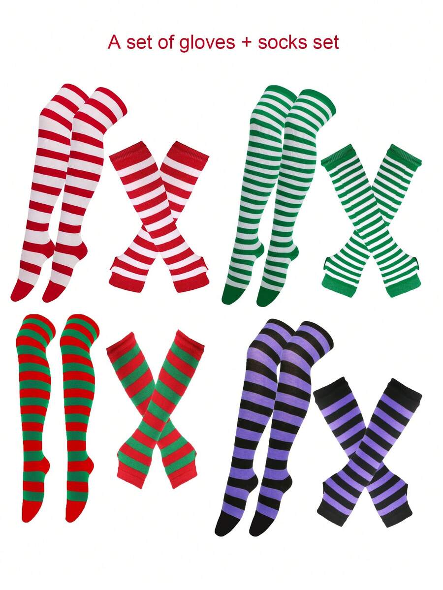 1 Set Women's Christmas Striped Thigh High Socks + Gloves, Red/White, Green/White, Red/Green, Purple/Black Striped Knee Socks, Suitable For Stage Performance, Cosplay, Christmas Party, Winter Warm Socks, Y2K Style