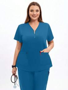 cimmuovere Plus Size Women Short Sleeve Round Neck 4-Pocket Solid Color Scrubs Nurse Scrubs Workwear Dentist Healthcare Pet Hospital Laboratory Top - Blue - View 6