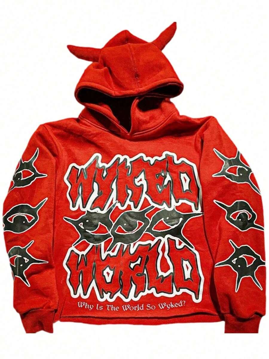 Y2k Halloween WYKED WORLD Hoodies With Eyes And Devil Horns Wicked Sweatshirts For Men & Women Autumn Neutral Wear Streetwear - Đỏ - Xem 1