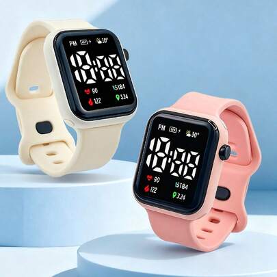 1pc Battery Operated Square Dial Electronic Step Counter Watch, LED Flashing Time Display, Suitable For Students, Couples, Back To School, Fashion Casual Sports Outfit, Daily Decoration