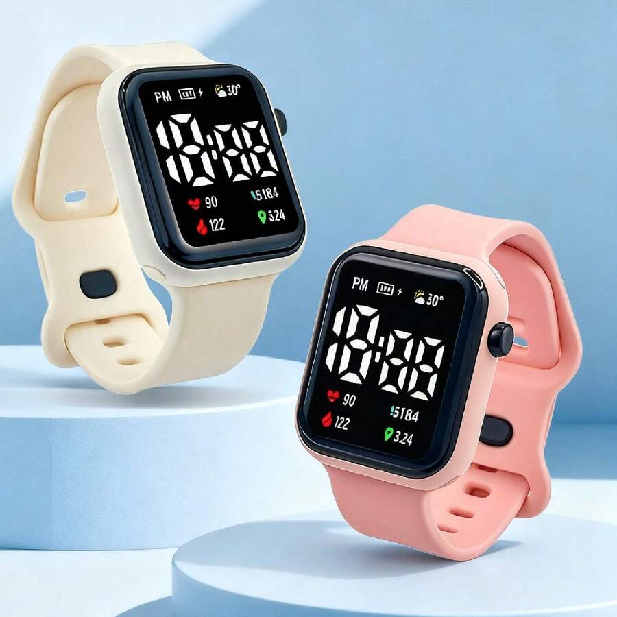 1pc Battery Operated Square Dial Electronic Step Counter Watch, LED Flashing Time Display, Suitable For Students, Couples, Back To School, Fashion Casual Sports Outfit, Daily Decoration - Multicolor - View 1