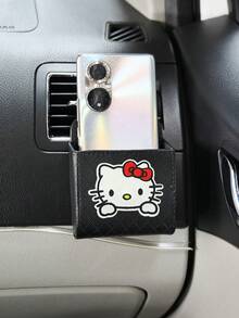 Sanrio 1 قطعة صندوق تخزين من الجلد للسيارة بشكل قطة باللون الأسود والبرتقالي والرمادي والبيج، حامل هاتف مثبت على فتحة التهوية