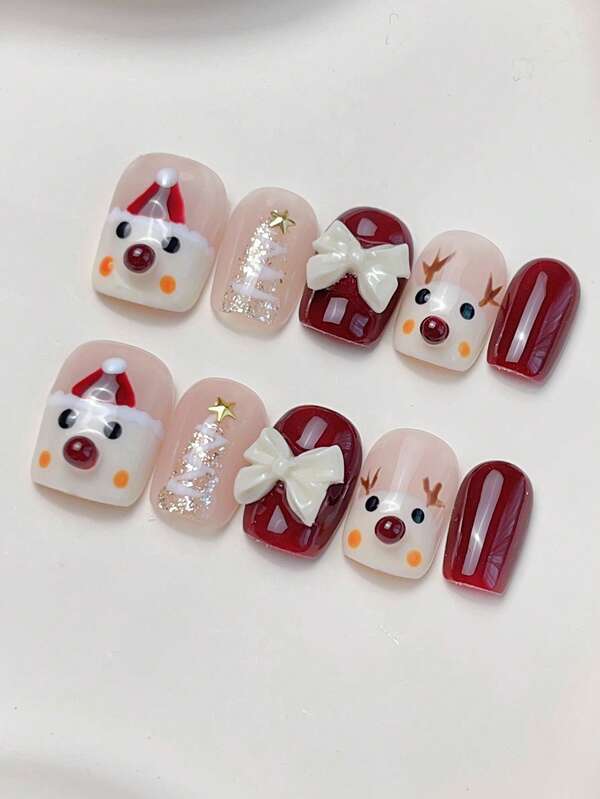 10 Stück kurze quadratische rote Nägel, handbemalte Elch-Schneemann-Weihnachtsnägel im Herbst- und Winterrot-Neujahrsstil, fertige Nagelpflaster, kurze Weihnachts- und Neujahrsnagel-Kunstpflaster, fertige exquisite hochwertige aufhellende abnehmbare Kunstnägel, geeignet für Damen und Mädchen für Partys und Tanzveranstaltungen