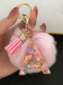 1 Pc Alphabet Initial Letter Keychain Cute Plush Pom Key Chain Ring Bag Backpack Charm Car Hanging Pendant Women Girls Gift,Cute Sequins Resin Key Chain,Wallet And Handbag Accessories, Keychain With Tassels,Alphabet Initial Letter A-Y School - 粉色 - 查看 3