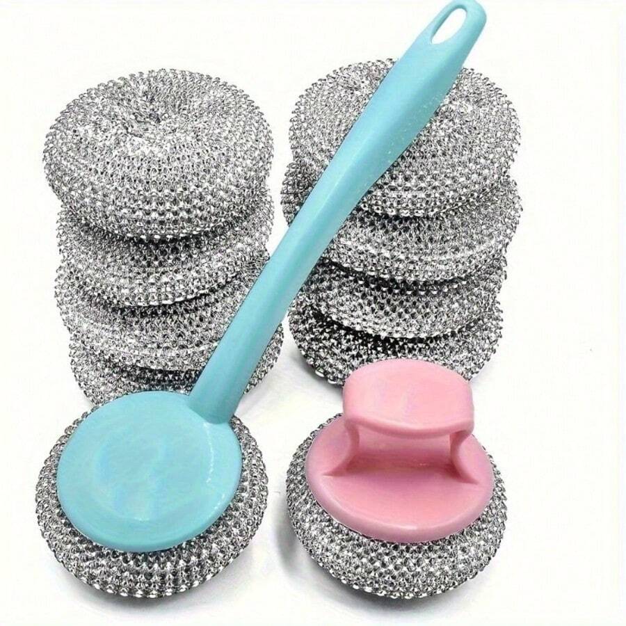 耐刮擦洗碗刷、厨房钢丝球、家用清洁垫、可拆卸手柄清洁海绵、易清洁刷、锅具和烤箱清洁球、柔软PET材质清洁刷 - 彩色 - 查看 1