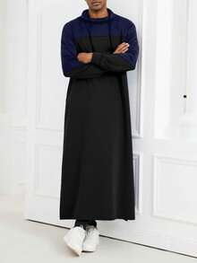 Kamisweat Muslim Men's Hooded Robe, Made Of Blue And Black Contrast Casual Fashionable Fabric, Thick And Comfortable. With Pockets On Both Sides And Slit Hem, Suitable For Daily, Holiday And Travel Wear. - 藍色 - 查看 1