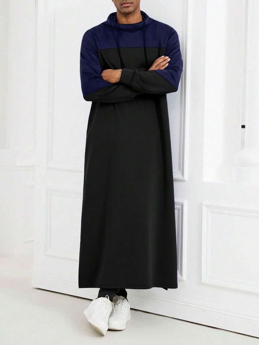 Kamisweat Muslim Men's Hooded Robe, Made Of Blue And Black Contrast Casual Fashionable Fabric, Thick And Comfortable. With Pockets On Both Sides And Slit Hem, Suitable For Daily, Holiday And Travel Wear. - 藍色 - 查看 1