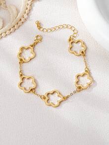 3 件/1 套简约时尚金色幸运空心四叶草几何波浪不对称泪珠手镯套装，适合女性，厚实光滑质地重金属和锌合金材质 - 金黃色 - 查看 14