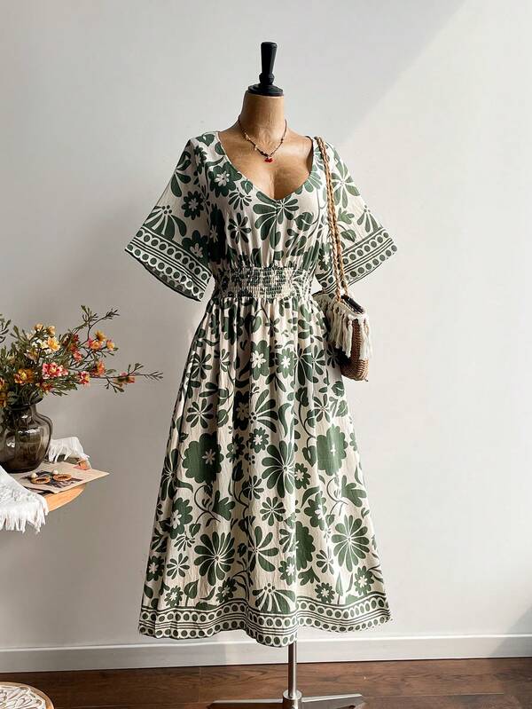 Rusttydustty Cyber Monday Christmas Thanksgiving Day New Year's Wear Party Vintage Green Floral Print Smocked Waist Maxi Dress
