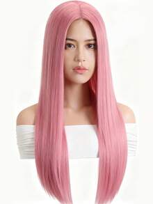 Pink Long Straight Synthetic Wig, Anime Cosplay Wig For Halloween Party, Music Festival Costume