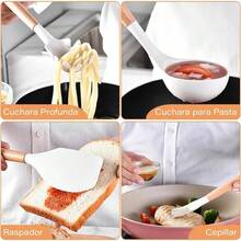 14 PCS Juego de Utensilios de Cocina de Silicona, Juego de Utensilios de Silicon con Mangas Antiadherentes, Resistentes al Calor, sin BPA, esptula/volteador/batidor/cuchara/soporte Blanco - Blanco - Ver 4