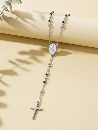 1pc 4mm Stainless Steel Beaded Necklace With Black Cross Pendant, Minimalist European & American Fashion Style Necklace For Women Daily Wear