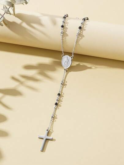 1pc 4mm Stainless Steel Beaded Necklace With Black Cross Pendant, Minimalist European & American Fashion Style Necklace For Women Daily Wear