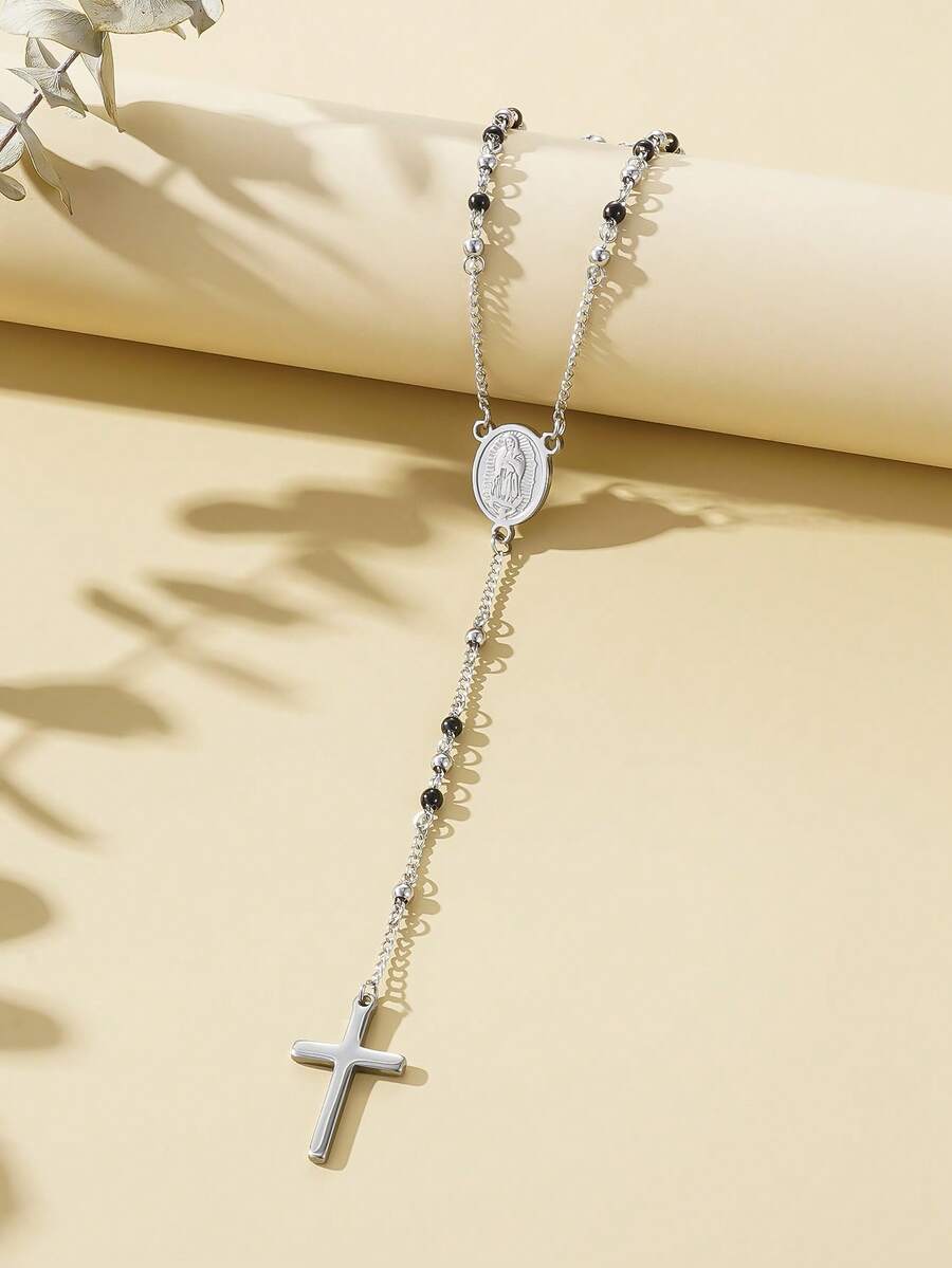 1pc 4mm Stainless Steel Beaded Necklace With Black Cross Pendant, Minimalist European & American Fashion Style Necklace For Women Daily Wear - Silver - View 1