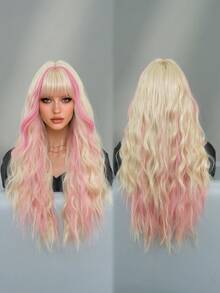 7JHH WIGS Long Wave Blonde & Pink Highlight Wigs For Women - Loose Fluffy Wavy Curly Wig With Bangs, Full Machine High Density Synthetic Heat Resistant Fiber Hair, Exaggerated Style Anime Halloween Costume Wigs For Cosplay Wear, Masquerade Ball & Music Festival Carnival Party Use 26 Inch - 粉色 - 查看 5
