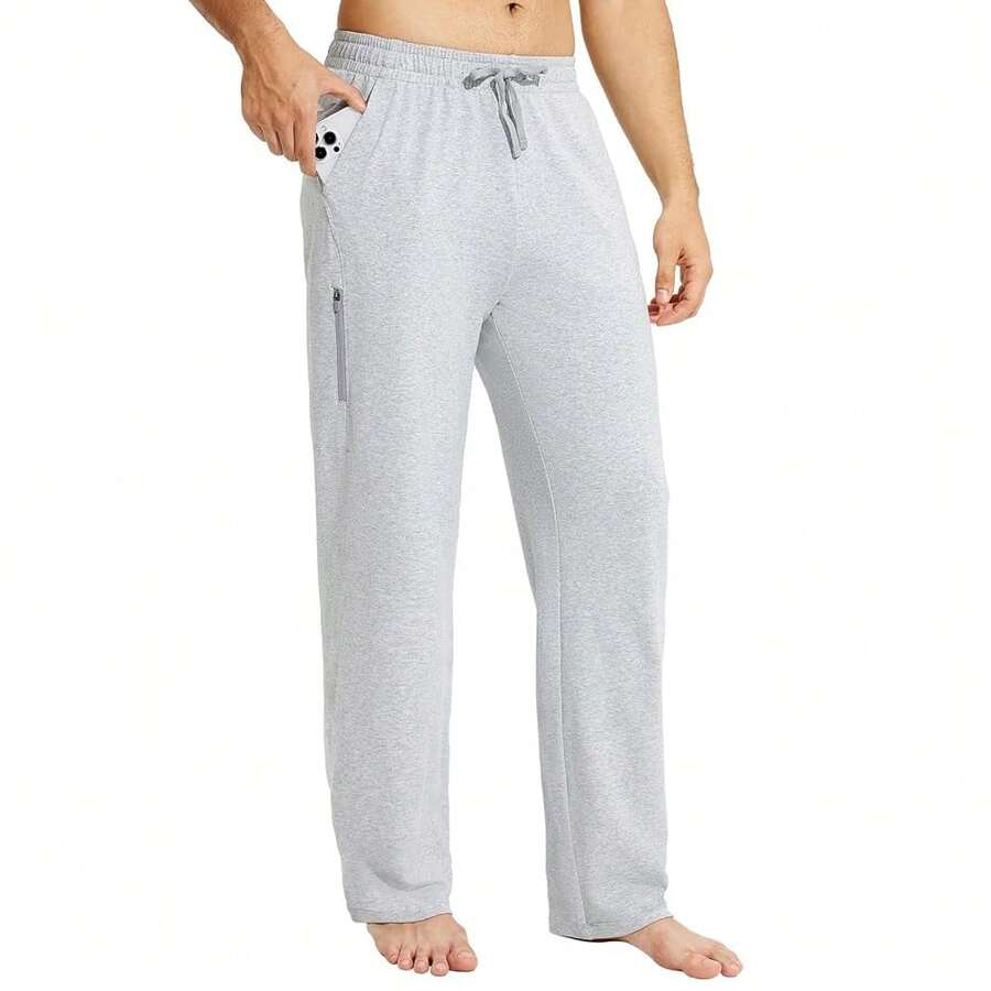 Baleaf Men's Sweatpants Casual Lounge Cotton Pajama Yoga Pants Open Bottom Straight Leg Male Sweat Pants With Pockets{"Size_name":"Small","Color_name":"B-LightGray-ZipperPocket"} - B-light灰色-拉鍊口袋 - 查看 1