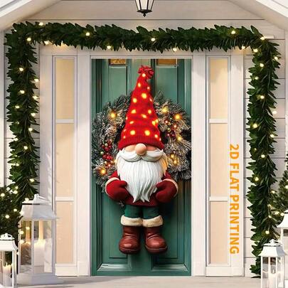 1pc Festive Christmas Gnome Door Wreath, Polyester Material, No Electricity Needed, Indoor/Outdoor Holiday Wall Decor For Home & Party