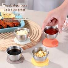 4pcs Kitchen Compact And Portable Compartments For Condiments, Outdoor Picnic Stainless Steel Sauce Cups, Sealed And Covered Salad Ketchup Seasoning Containers, Pp Covered Dipping Sauces, One Box Of Flavors Without Cross-Contamination