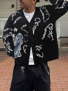 Herren Cartoon Dinosaurier Muster Langarm Lässig Strickjacke, Herbst/Winter