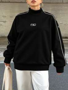 Livesso Women's Color Block Stand Collar Sweatshirt With Letter Print And Embellished Trim,Long Sleeve Tops Fall,Winter - Black - View 5