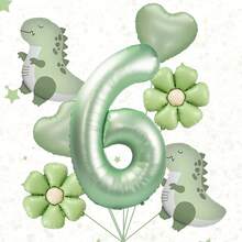 147个/124个/2个恐龙主题生日派对装饰，多种尺寸（5英寸/10英寸/12英寸/18英寸），颜色包括牛油果绿、蓝色、裸色和沙白色气球，包含花环、拱门等，卡通恐龙铝箔气球，适用于恐龙丛林探险主题派对、生日派对、恐龙主题装饰、迎婴派对、周年纪念日等。 - 彩色 - 查看 10