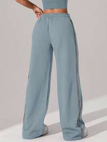 1pc Women's Waffle Knit Loose Straight Leg Drawstring Waist Contrast Color Simple Fitness Sports Pants, Spring/Summer - Baby Blue - View 3