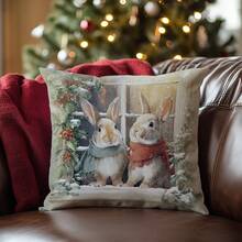 1 pieza Funda de cojín de ventana de conejo de invierno navideño, material de terciopelo de melocotón con impresión unilateral, 45*45CM/18*18 pulgadas, adecuado para decoración de habitación, decoración minimalista moderna de sala de estar, regalo