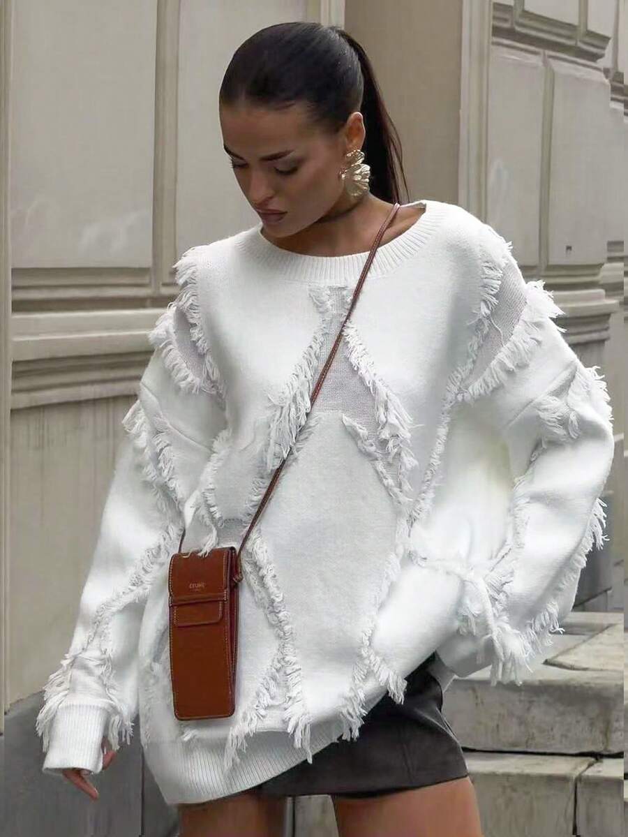 2026秋冬新款女款圓領寬鬆毛邊流蘇長袖白色套頭衫,優雅女裝,女性生日秋季穿搭 - 白色 - 查看 1
