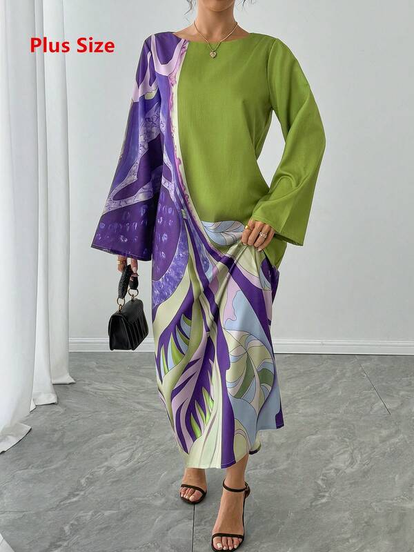 Plus Size Arabian Dress Elegant Long Sleeve Round Neck Long Woven Fabric Dress With Flounce Sleeve Colorful Print Dress For Holiday Formal Evening Dinner