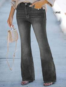 大码简约浅色水洗喇叭牛仔裤，适合全年通勤和休闲春季穿着 - 灰色 - 查看 2