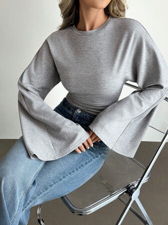 Women's Solid Color Round Neck Flare Sleeve Waist Casual T-Shirt