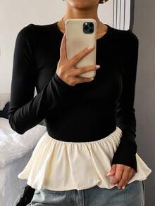 Livesso Tricou damă cu mânecă lungă și guler rotund, blocuri de culoare, volane, haine de toamnă - Alb-negru - Vizualizare 3