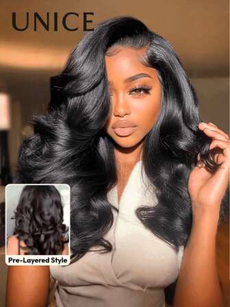 UNice 13x4 Lace Front Wig For Women, Fluffy Wavy Layered Wig With Side Bangs, Adjustable Drawstring Design, 100% Human Hair, Can Be Dyed & Heat Styled, Breathable Lace, Natural Black