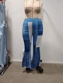 Plus Size High Waist Asymmetrical Pattern Flared Fleece Pants, Winter - Blue - View 2