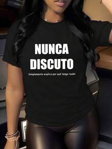 Camiseta gráfica con eslogan español de verano para mujer, uso diario casual y cómodo en color negro - Negro - Ver 5