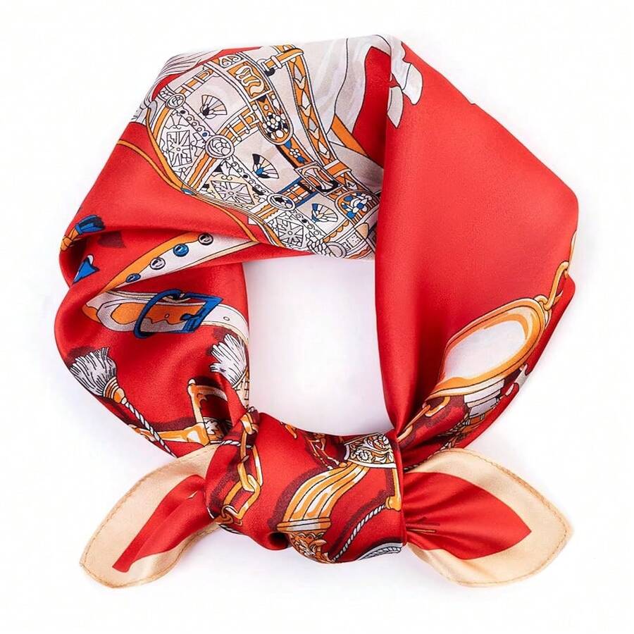 Mulberry Silk Scarfs Small Square Scarfs For Women 21" X 21" Lightweight Square Satin Head Scarf Neck Scarves{"Size_name":"27.5\"","Color_name":"HorseandRed"} - 馬和紅英寸 - 查看 1
