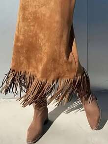 Women's Solid Color Elegant Suede Fringe Skirt Spring - Tan - View 3