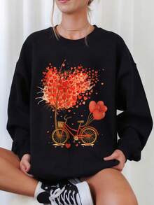 Sudadera grande con cuello redondo, Día De San Valentín, Lindo Bicicleta Con Corazones, Camiseta Gráfica, Regalo - Playeras De Mujer, Patrón Estampado, Salir Dama, Outfits de otoño y invierno - Negro - Ver 1