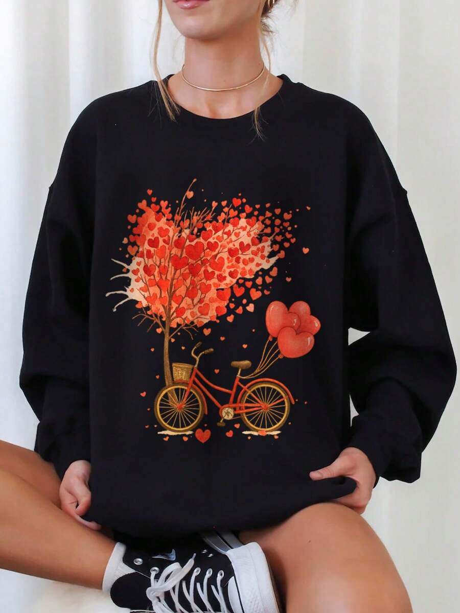 Sudadera grande con cuello redondo, Día De San Valentín, Lindo Bicicleta Con Corazones, Camiseta Gráfica, Regalo - Playeras De Mujer, Patrón Estampado, Salir Dama, Outfits de otoño y invierno - Negro - Ver 1