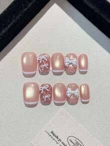 升级您的风格，手工按压式指甲套装短方形法式心形简约果冻粉色美甲套装，适合派对、婚礼或日常佩戴的长指甲，包括 2 块果冻凝胶和 1 个缓冲剂 - 淺粉色 - 查看 13