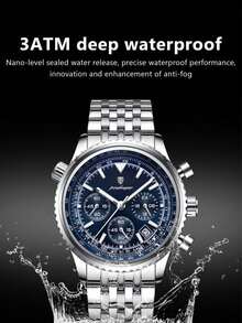 1 buc. Ceasuri de cuarț pentru bărbați la modă, din oțel inoxidabil multifuncțional, cronograf cu dată, impermeabil, cu indicator luminos, ceas de mână potrivit pentru ocazii de afaceri