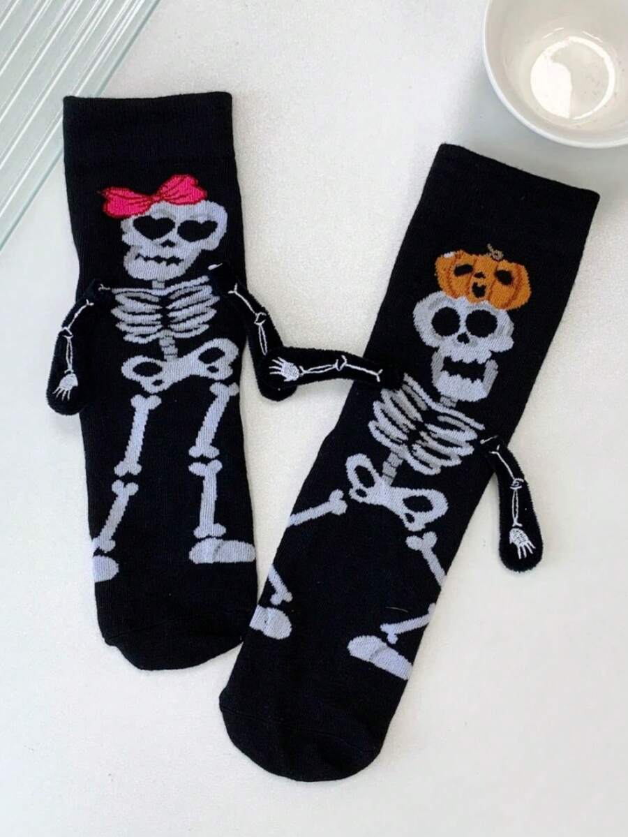 1/5 双万圣节南瓜骷髅手牵手创意趣味可爱袜子 - 彩色 - 查看 1