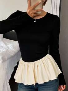 Livesso Tricou damă cu mânecă lungă și guler rotund, blocuri de culoare, volane, haine de toamnă - Alb-negru - Vizualizare 2