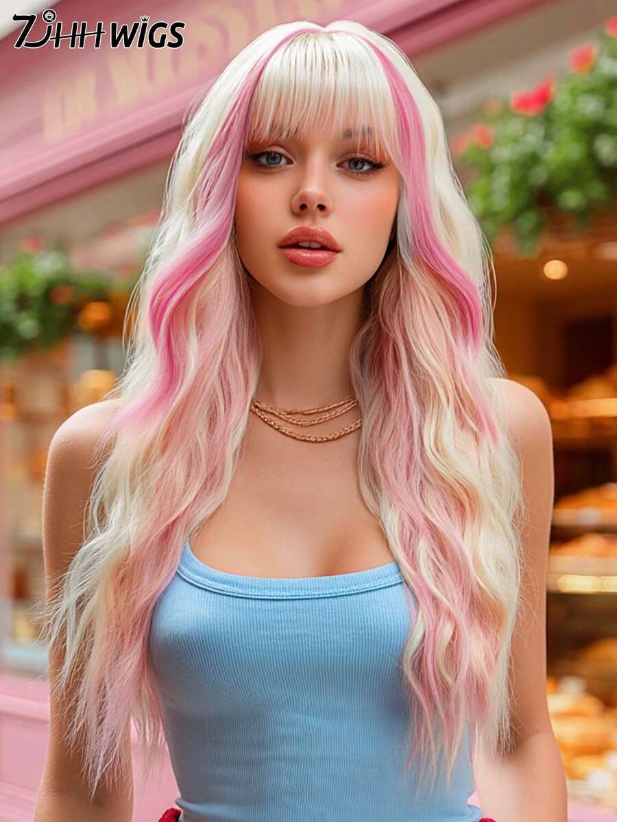7JHH WIGS Long Wave Blonde & Pink Highlight Wigs For Women - Loose Fluffy Wavy Curly Wig With Bangs, Full Machine High Density Synthetic Heat Resistant Fiber Hair, Exaggerated Style Anime Halloween Costume Wigs For Cosplay Wear, Masquerade Ball & Music Festival Carnival Party Use 26 Inch - 粉色 - 查看 1