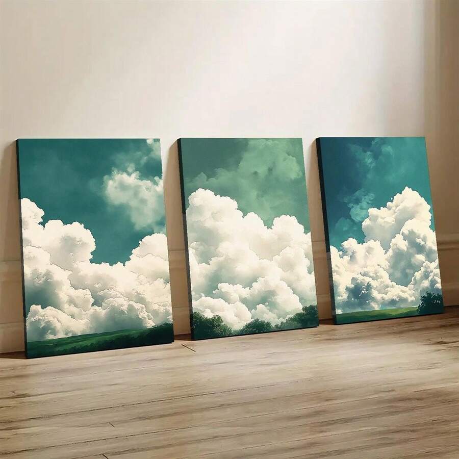 Set de 3 tablouri pe pânză cu cer și nori - Art Deco, stil clasic, modern, pentru biroul de acasă, camera de zi, dormitorul, baia, sufrageria - tablouri pe pânză impermeabile pentru interior și exterior, cu ramă din lemn de pin, temă peisaj, orientare portret