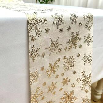 1pc Gold Foil Deer & Snowflake Printed Cotton Blend 270cm*28cm Rectangular Table Runner, Holiday & Party Decor