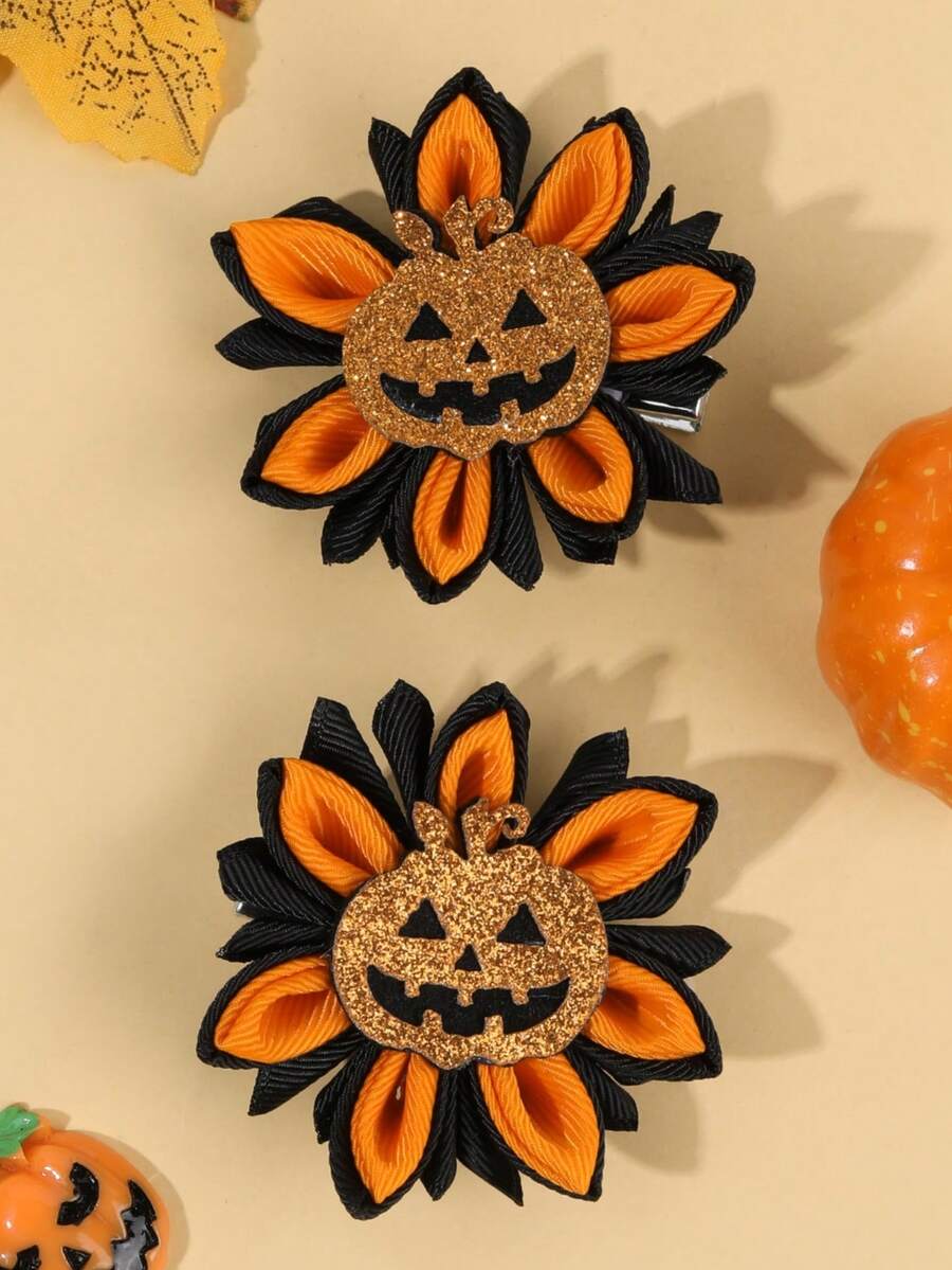 2个万圣节彩色花朵布艺发夹，雏菊和南瓜发夹，可爱发饰，适合女孩和青少年，节日派对礼物 - 彩色 - 查看 1