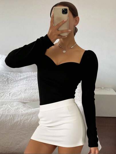 Livesso Solid Sweetheart Neck Puff Sleeve Blouse,Fall Clothes Long Sleeve Women Tops